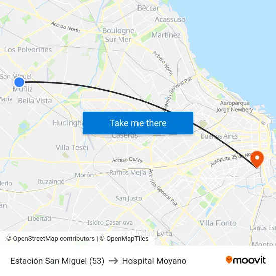 Estación San Miguel (53) to Hospital Moyano map