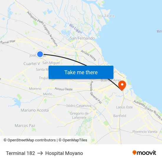 Terminal 182 to Hospital Moyano map
