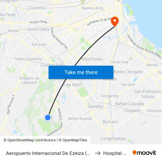 Aeropuerto Internacional De Ezeiza (8 Semirápido - 51) to Hospital Moyano map
