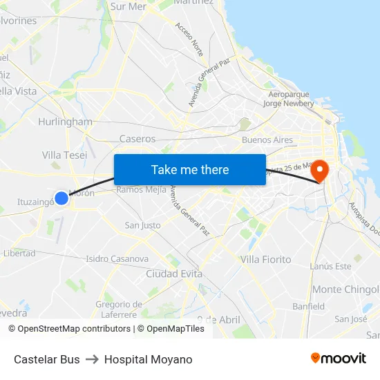 Castelar Bus to Hospital Moyano map