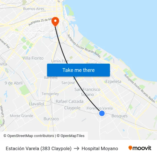 Estación Varela (383 Claypole) to Hospital Moyano map