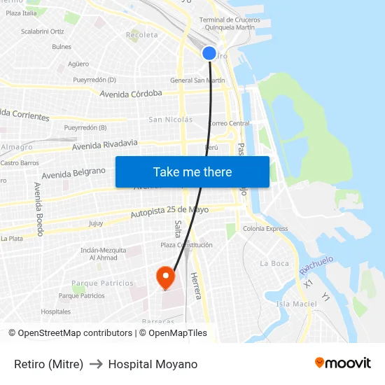 Retiro (Mitre) to Hospital Moyano map