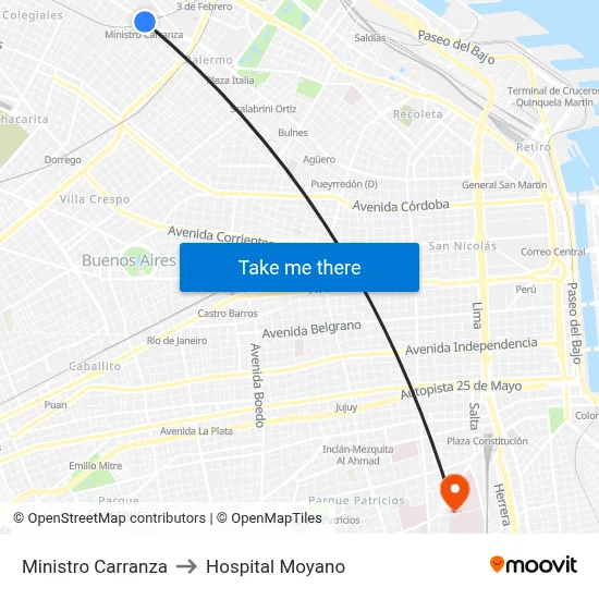 Ministro Carranza to Hospital Moyano map