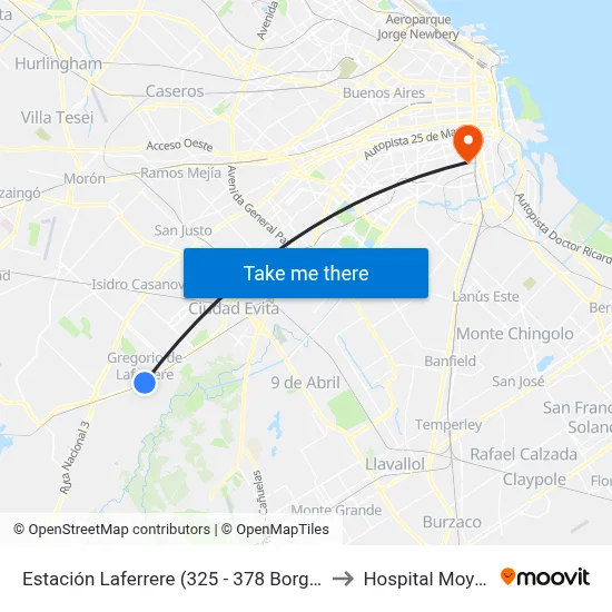 Estación Laferrere (325 - 378 Borgward) to Hospital Moyano map