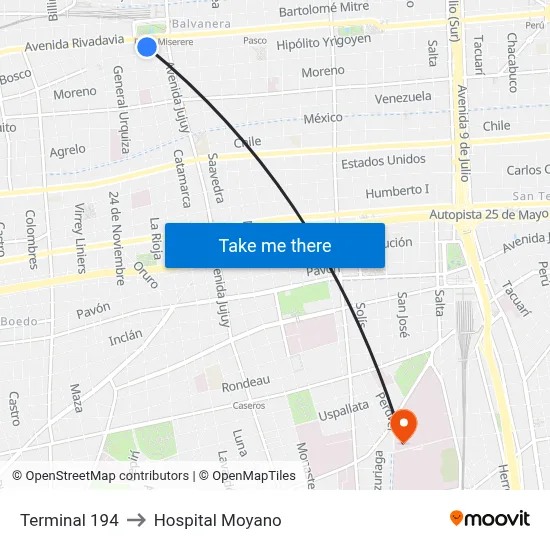 Terminal 194 to Hospital Moyano map