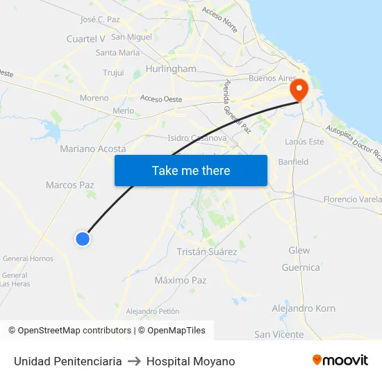 Unidad Penitenciaria to Hospital Moyano map