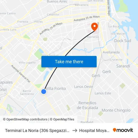 Terminal La Noria (306 Spegazzini) to Hospital Moyano map