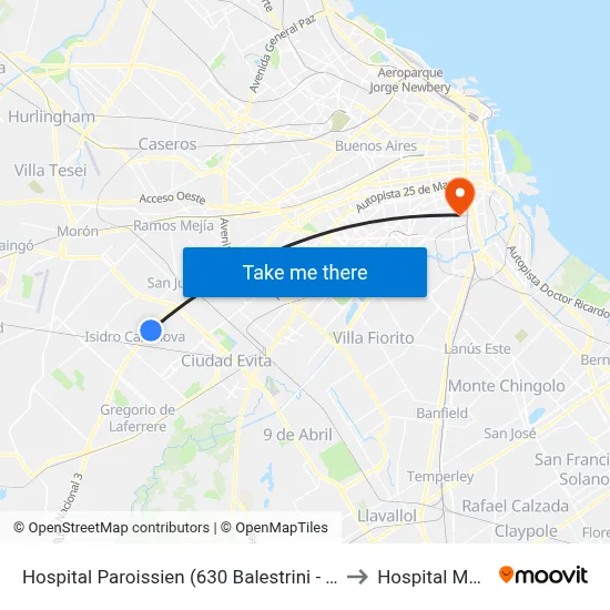 Hospital Paroissien (630 Balestrini - Paroissien) to Hospital Moyano map