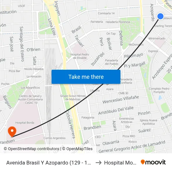 Avenida Brasil Y Azopardo (129 - 195 - 197) to Hospital Moyano map