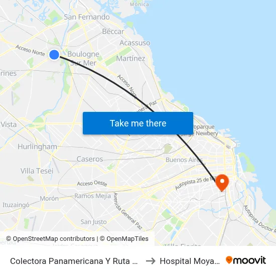 Colectora Panamericana Y Ruta 202 to Hospital Moyano map