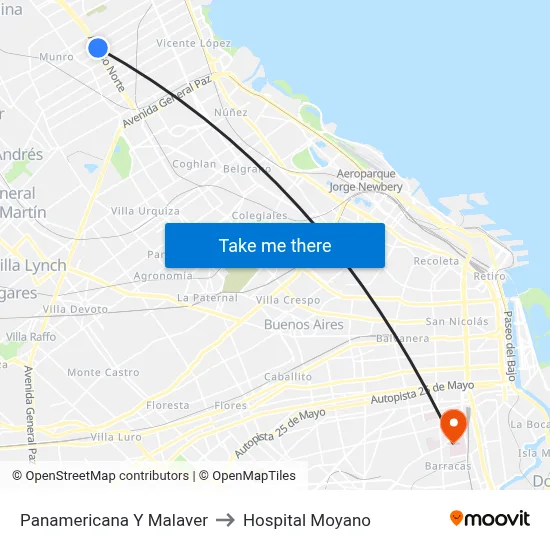 Panamericana Y Malaver to Hospital Moyano map