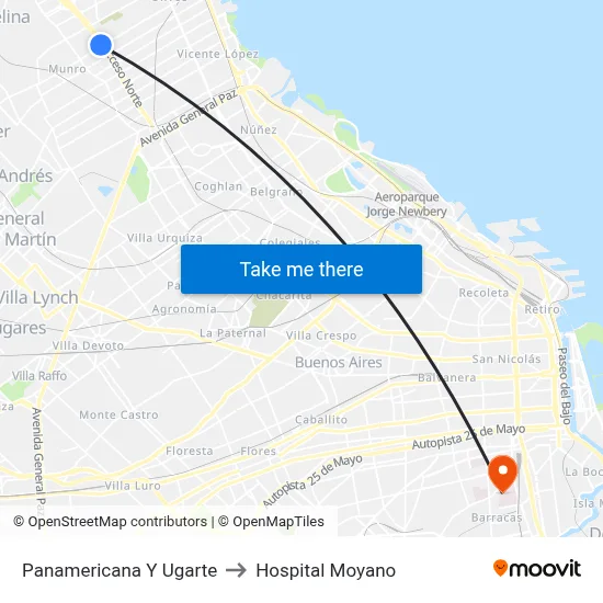 Panamericana Y Ugarte to Hospital Moyano map