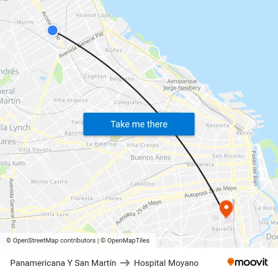 Panamericana Y San Martín to Hospital Moyano map