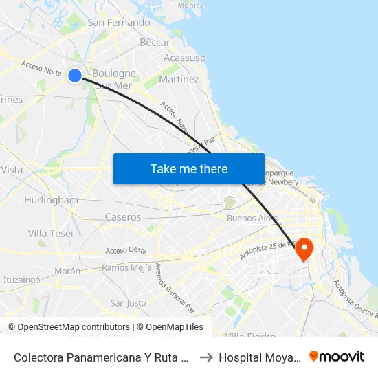 Colectora Panamericana Y Ruta 202 to Hospital Moyano map