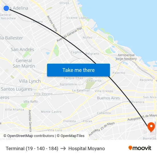 Terminal (19 - 140 - 184) to Hospital Moyano map