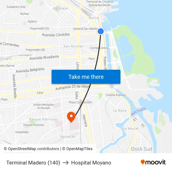 Terminal Madero (140) to Hospital Moyano map