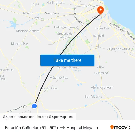 Estación Cañuelas (51 - 502) to Hospital Moyano map