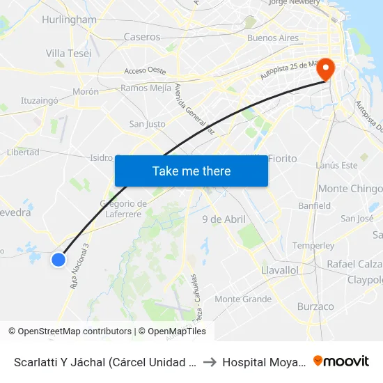 Scarlatti Y Jáchal (Cárcel Unidad 43) to Hospital Moyano map