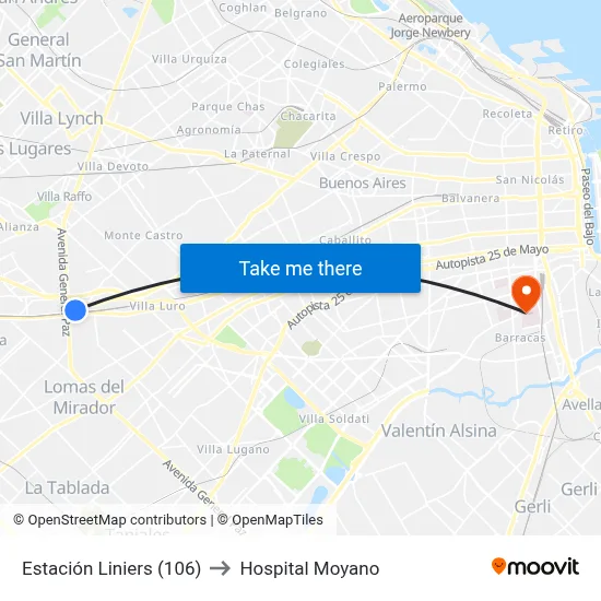 Estación Liniers (106) to Hospital Moyano map