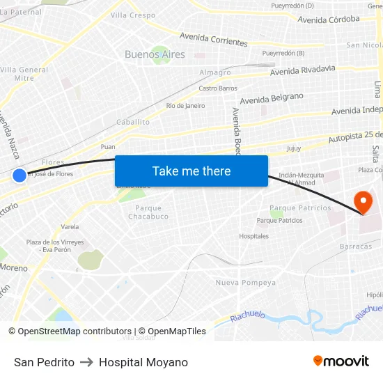 San Pedrito to Hospital Moyano map