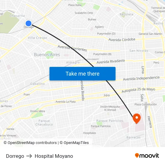 Dorrego to Hospital Moyano map