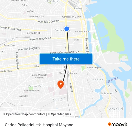 Carlos Pellegrini to Hospital Moyano map
