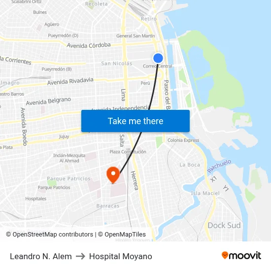 Leandro N. Alem to Hospital Moyano map