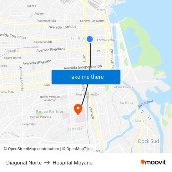 Diagonal Norte to Hospital Moyano map