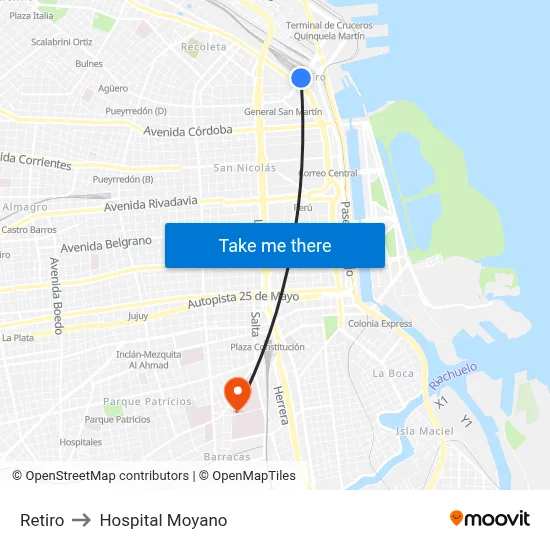 Retiro to Hospital Moyano map