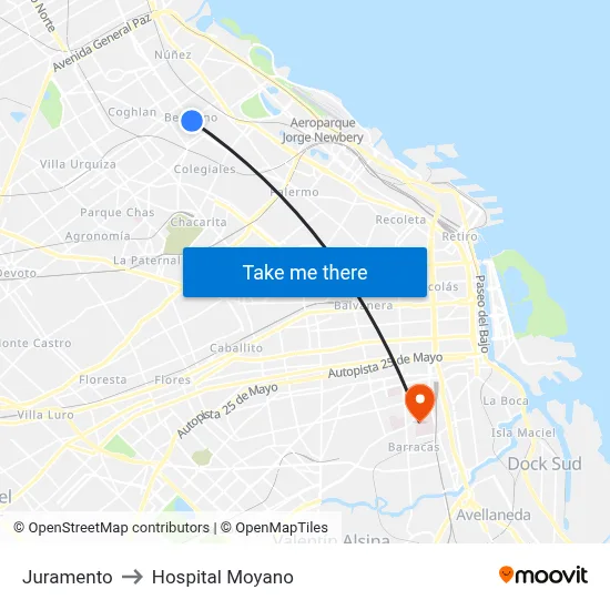 Juramento to Hospital Moyano map