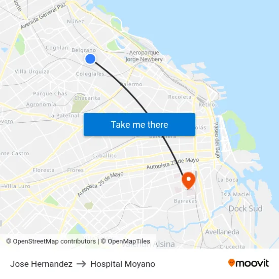 Jose Hernandez to Hospital Moyano map