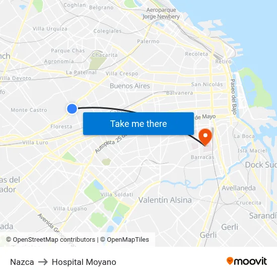 Nazca to Hospital Moyano map