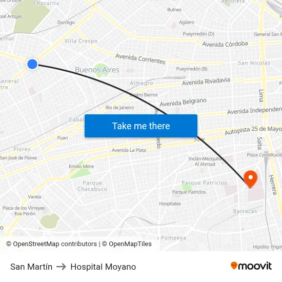 San Martín to Hospital Moyano map