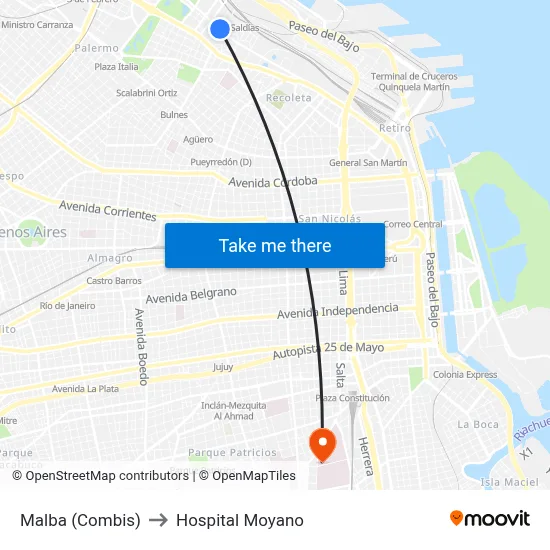 Malba (Combis) to Hospital Moyano map