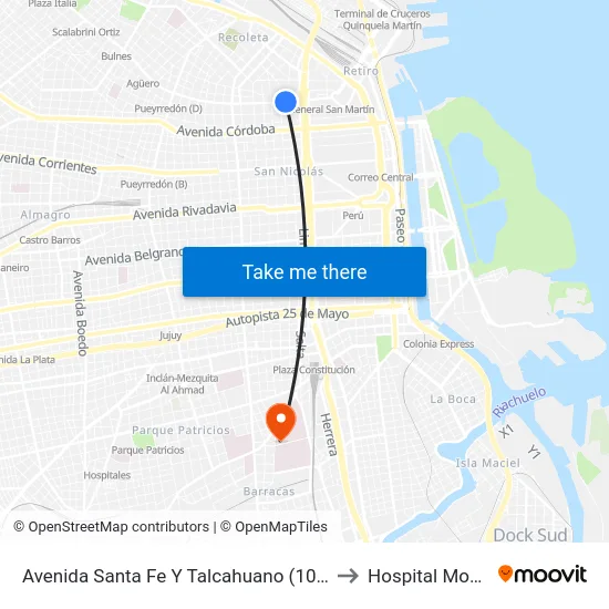 Avenida Santa Fe Y Talcahuano (106 - 150) to Hospital Moyano map