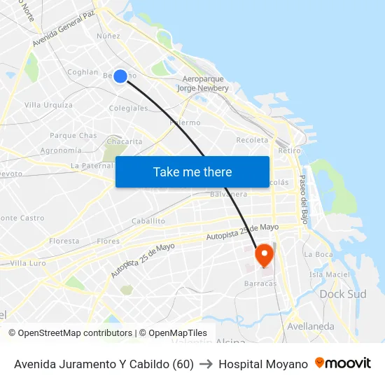 Avenida Juramento Y Cabildo (60) to Hospital Moyano map