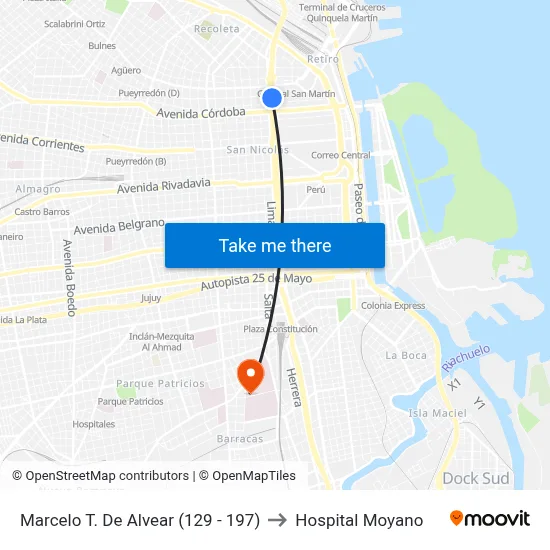 Marcelo T. De Alvear (129 - 197) to Hospital Moyano map