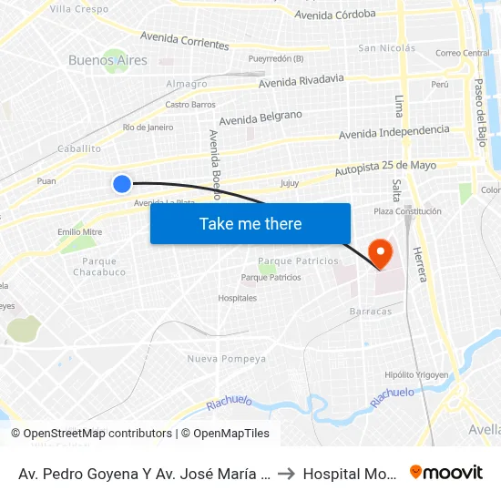 Av. Pedro Goyena Y Av. José María Moreno to Hospital Moyano map