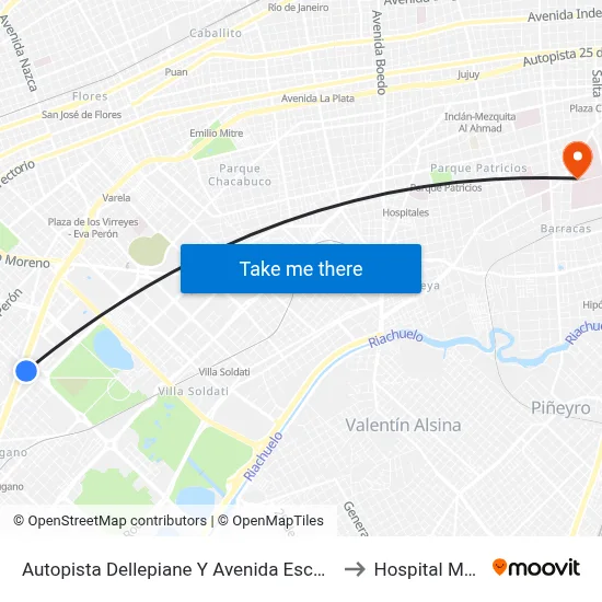Autopista Dellepiane Y Avenida Escalada (8 - 51) to Hospital Moyano map