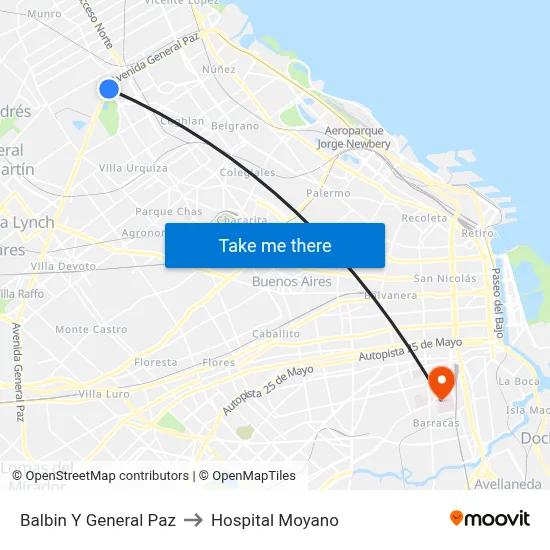 Balbin Y General Paz to Hospital Moyano map