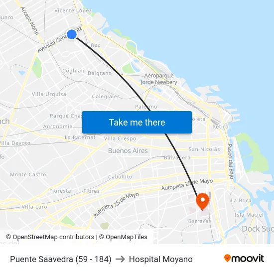 Puente Saavedra (59 - 184) to Hospital Moyano map