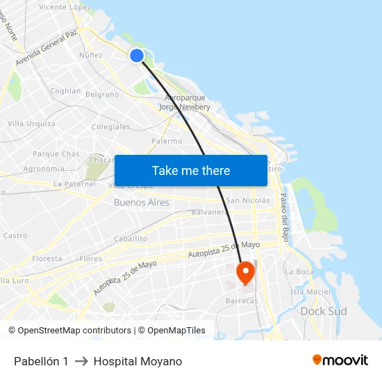 Pabellón 1 to Hospital Moyano map
