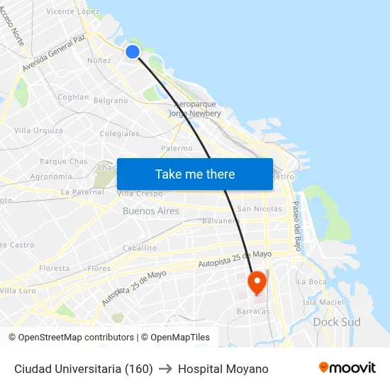 Ciudad Universitaria (160) to Hospital Moyano map