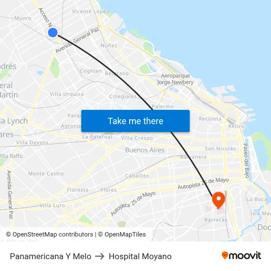 Panamericana Y Melo to Hospital Moyano map