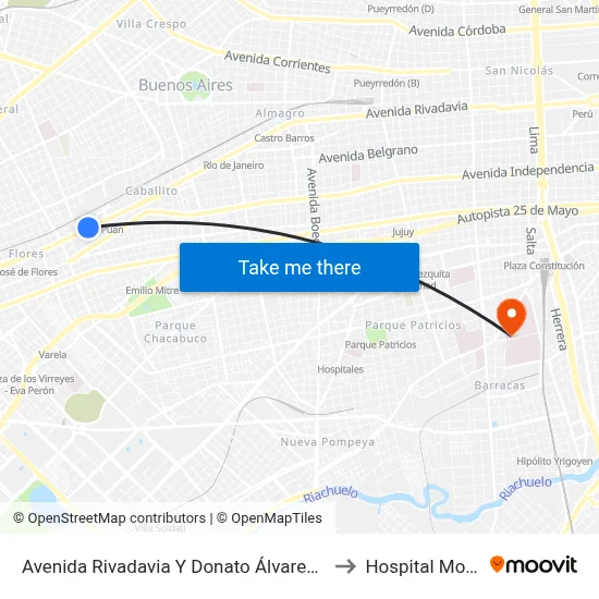 Avenida Rivadavia Y Donato Álvarez (44 - 76) to Hospital Moyano map