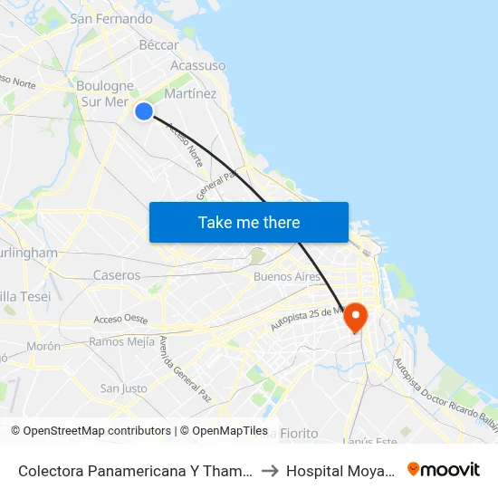 Colectora Panamericana Y Thames to Hospital Moyano map