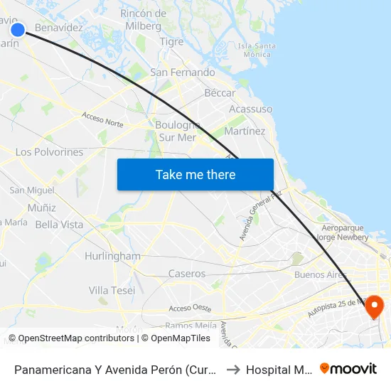 Panamericana Y Avenida Perón (Curvón Benavidez) to Hospital Moyano map