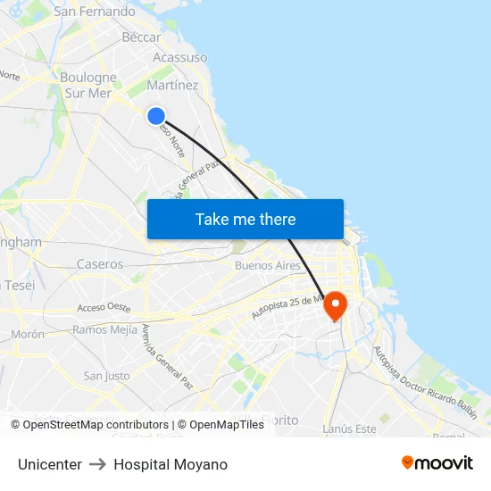 Unicenter to Hospital Moyano map