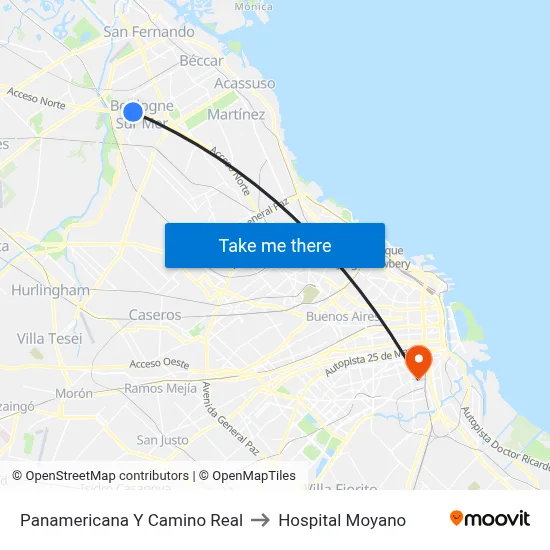Panamericana Y Camino Real to Hospital Moyano map