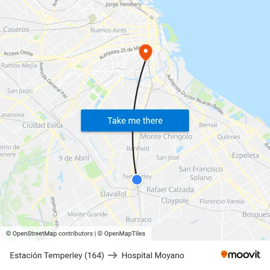 Estación Temperley (164) to Hospital Moyano map